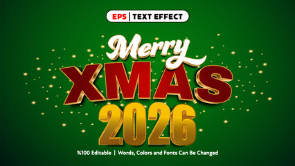Obraz premium Merry Xmas 2026 festive text effect with gold and red colors for holiday greetings and seasonal celebration design vector illustration