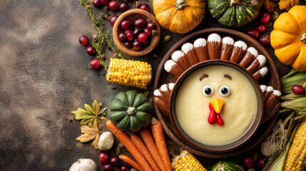 A turkey is carved out of a bowl of mashed potatoes and vegetables