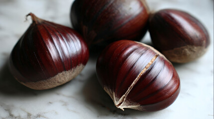 Obraz premium A bunch of chestnuts are shown, with one of them being a nut that is half eaten