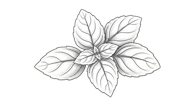 Elegant monochrome drawing of basil leaves, delicate botanical illustration