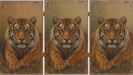 Old oil-painted tiger portraits across three panels with aged surface and cracked paint texture — muted orange and brown tones evoke regal wildlife grandeur and timeless naturalist beauty for walls.