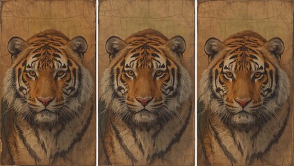 Old oil-painted tiger portraits across three panels with aged surface and cracked paint texture — muted orange and brown tones evoke regal wildlife grandeur and timeless naturalist beauty for walls.