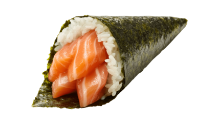Close-up shot of a salmon hand roll.