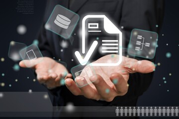 Businessman hold icon of checking document