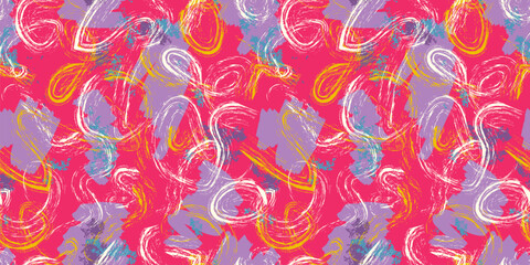 Vector abstract chaotic brush strokes seamless pattern. Paint splashes, graffiti, ink grunge texture. Trendy colorful background. Urban street style, pop art. Repeated design for kids, teens, girls
