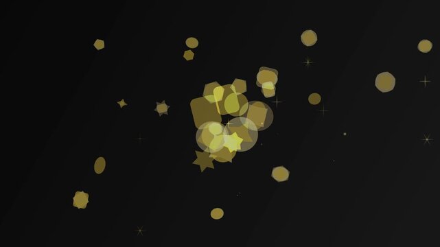 Abstract golden geometric shapes and stars floating against a dark, subtly textured background, creating a festive and elegant atmosphere