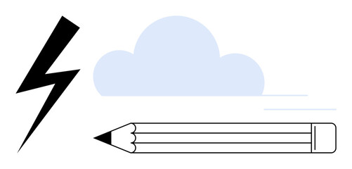 Lightning bolt, pencil, and cloud representing creativity, inspiration, innovation, brainstorming, productivity strategy and imagination. Ideal for ideas design planning or writing. Simple flat