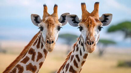 Obraz premium Close Up Portrait Two Giraffe in Natural Habitat Against Sky. Ai Generated Images