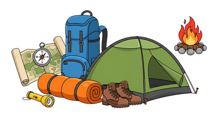 Camping equipment with tent, backpack, and bonfire isolated on transparent background