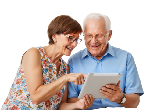 Senior Couple Sharing a Tablet – Joyful, Connected Moment of Love and Digital Discovery