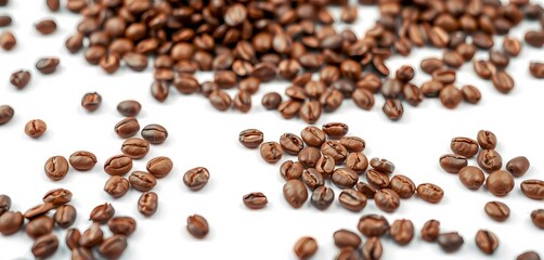 Obraz premium Close-up of roasted coffee beans scattered on pristine white background, product, cappuccino