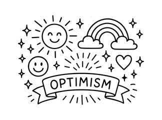 Fototapeta premium Cheerful optimism: smiling suns and rainbow doodle with stars and heart