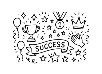 Celebration doodle of success with trophy, medal, and stars in linear style