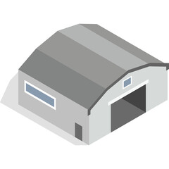 Gray Industrial Warehouse Building With Curved Roof and Large Open Door on a White Background