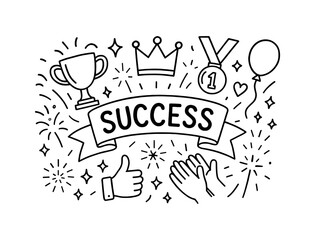 Celebration icons: linear doodle art featuring success and achievement symbols