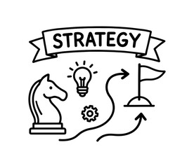Business strategy icon set with chess knight, lightbulb, and flag elements