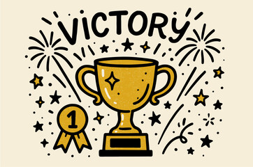 Celebration of victory with trophy and fireworks in hand drawn style