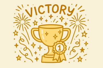 Celebratory trophy with fireworks and ribbons for victory celebration