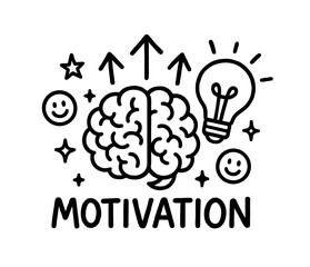 Inspiring mindset: doodle brain with lightbulb and motivational elements
