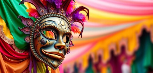Obraz premium Vibrant carnival backdrop with ornate mask, ample copy space, image, background