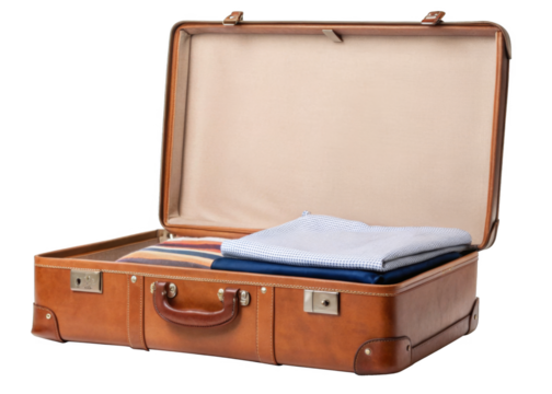vintage leather suitcase open with clothes isolated on a transparent background.