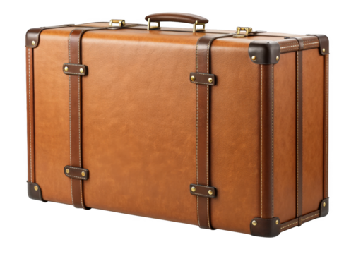 vintage leather suitcase isolated on a transparent background.