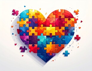 Vibrant heart-shaped jigsaw puzzle symbolizing autism awareness and unity, with colorful pieces scattered around a white background.