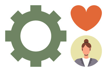 Green gear, red heart, and professional woman icon represent work-life balance, teamwork, and emotional well-being. Ideal for corporate culture, productivity, emotional health, leadership
