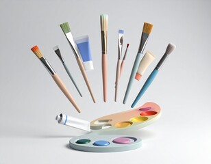 A vibrant collection of various paintbrushes, paint tubes, and palettes arranged dynamically for artistic creation on a light background.