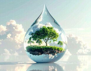 A clear water droplet encapsulates a vibrant green island with trees under a bright sky, symbolizing environmental preservation.