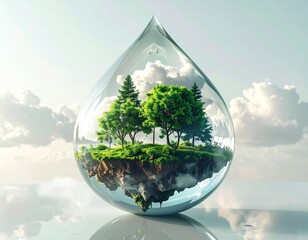 A crystal clear water droplet encapsulates a vibrant miniature island with green trees and grass, symbolizing environmental preservation and the delicate balance of nature.