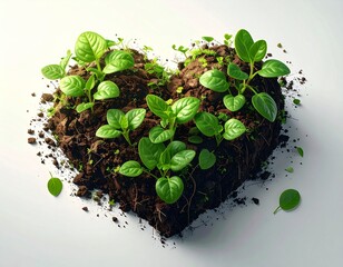 Heart-shaped mound of rich soil with vibrant green seedlings sprouting, symbolizing growth and environmental care.
