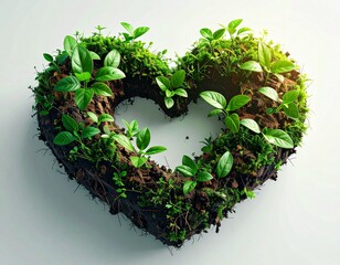 A heart-shaped arrangement of rich soil, vibrant green moss, and delicate young plant sprouts, symbolizing growth and nature's embrace.
