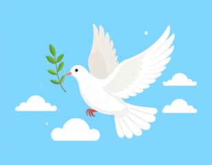 Fototapeta premium White dove flying with an olive branch in a blue sky with clouds, symbolizing peace and hope.
