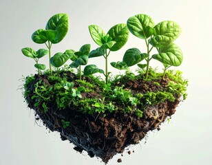 Small green plants growing on a floating island of rich dark soil, symbolizing growth, nature, and environmental care.