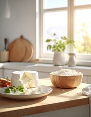 Close Up Shot Of Fresh Cheese On Plate And Cottage Cheese In Wooden Bowl On Kitchen Table