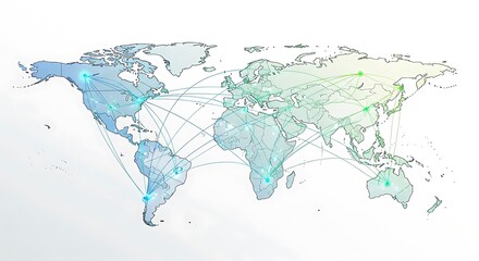 World map with interconnected lines representing global network and communication.