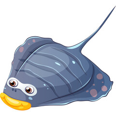 Gray Stingray With Blue Fins and Yellow Mouth Isolated On White Background With Detailed Scales And Big Eyes And Long Tail