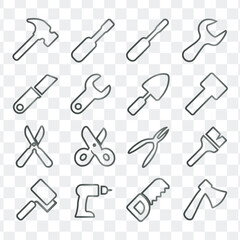 Construction and repair hand tools outline icons vector set collection graphic illustration