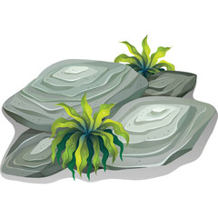 Gray Stone Pile With Green Plants On Transparent Background
