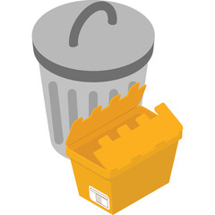 Gray Trash Can With Open Yellow Container For Waste Disposal And Recycling Symbol On White Background Isometric View