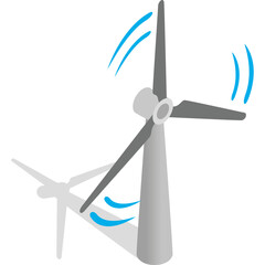Gray wind turbine with spinning blades and shadow on a white background with blue energy arcs illustration