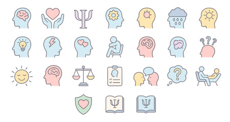 Psychology and Mental Health Icons – Therapy, Emotional Awareness and Wellbeing Illustration