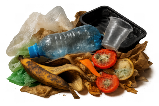 Mixed garbage pile including plastic bottles, food waste, and paper, showing pollution problem, transparent background