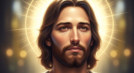 Close up portrait of jesus christ with a radiant golden halo symbolizing divine light and spiritual presence in a soft focus background