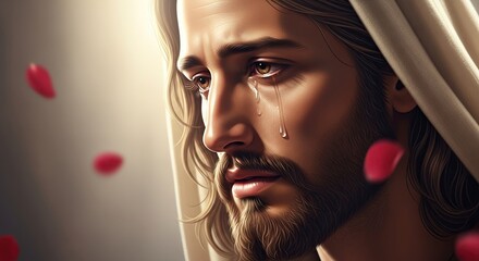 Close up portrait of jesus christ with a compassionate gaze and flowing hair surrounded by falling red rose petals in soft light