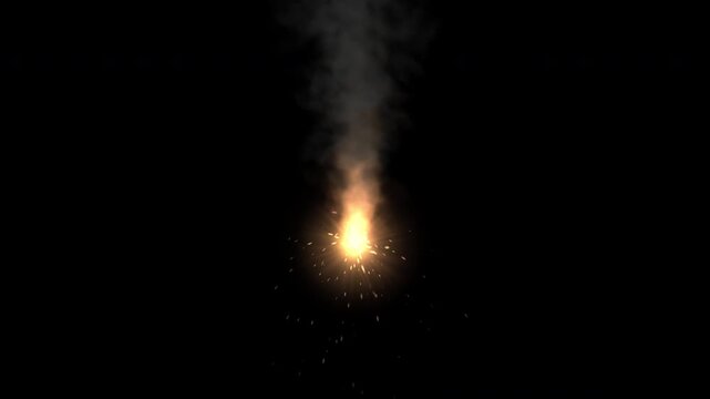 Realistic metal cutting animation with glowing sparks and rising smoke on dark background, industrial welding or grinding effect
