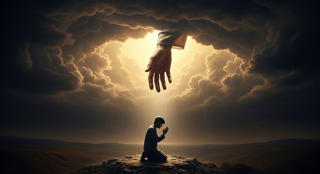 Divine hand reaching down to a kneeling figure in prayer amidst dramatic clouds and golden light symbolizing hope and salvation