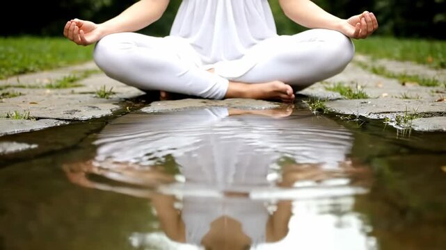 Calm reflection meditating person puddle. serene contemplation figure pool quietude mirroring zen individual water peacefulness inner peace lucidity.