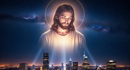 Divine light shines down upon a modern cityscape at night under a starry sky